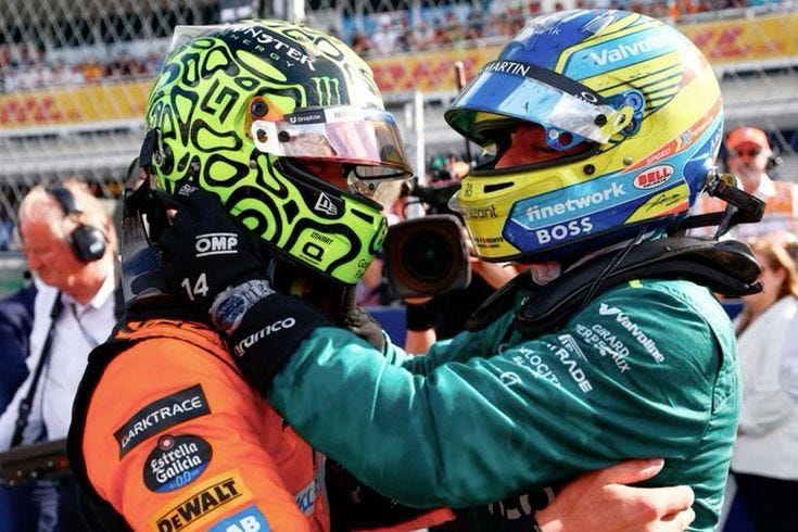 Lando Norris [left] and Fernando Alonso [right] after Norris' maiden win in 2024 | Credit: Formula One