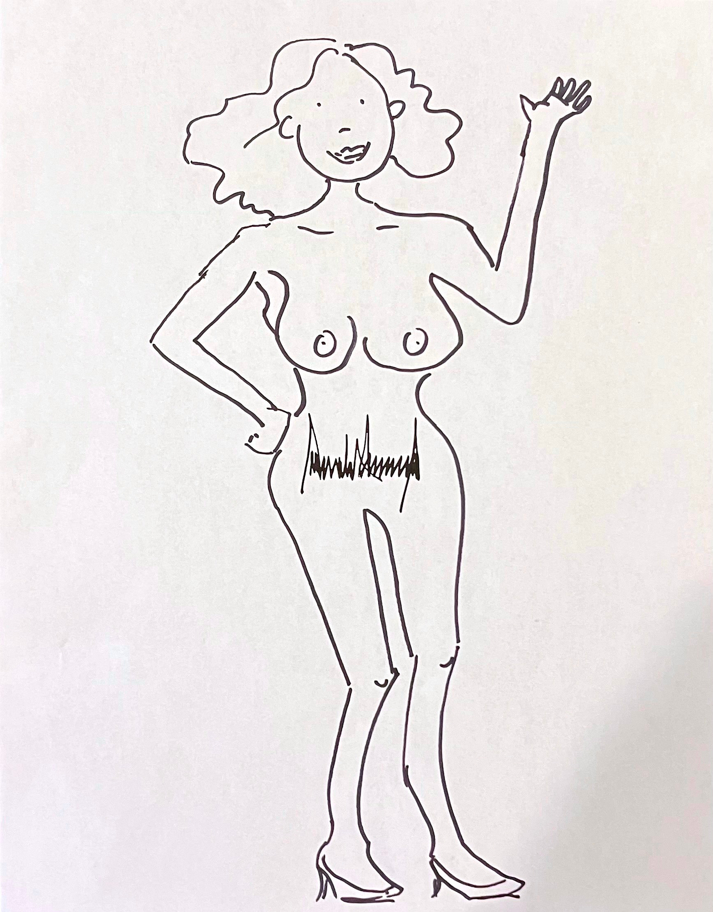 A cartoony drawing of a nude woman waving at the reader and wearing high heels, with no text this time. copied Trump signature is more like a line across the lower abdomen in this one. A cartoony drawing of a nude woman waving at the reader and wearing high heels, with no text this time. copied Trump signature is more like a line across the lower abdomen in this one.