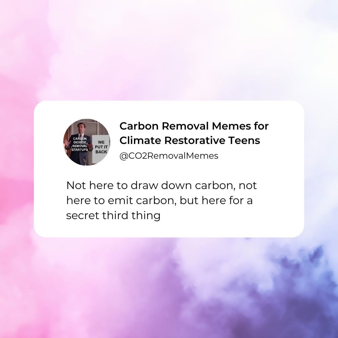 A tweet from Carbon Removal Memes for Climate Restorative Teens on a pastel cloud background: "Not here to draw down carbon, not here to emit carbon, but here for a secret third thing."