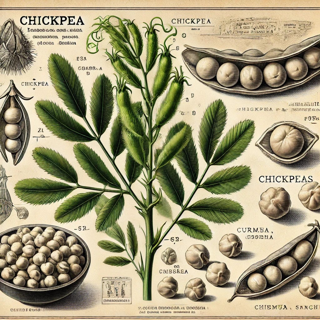 A detailed scientific-style illustration of chickpeas in an old-fashioned, hand-drawn botanical style. The image features the chickpea plant, showing green, feathery leaves, and pods with chickpeas inside. It also includes close-ups of chickpeas, both whole and crushed, highlighting their uses in hummus, curries, and snacks. Annotations are made in vintage-style font, and the background is neutral, resembling a classic botanical plate.