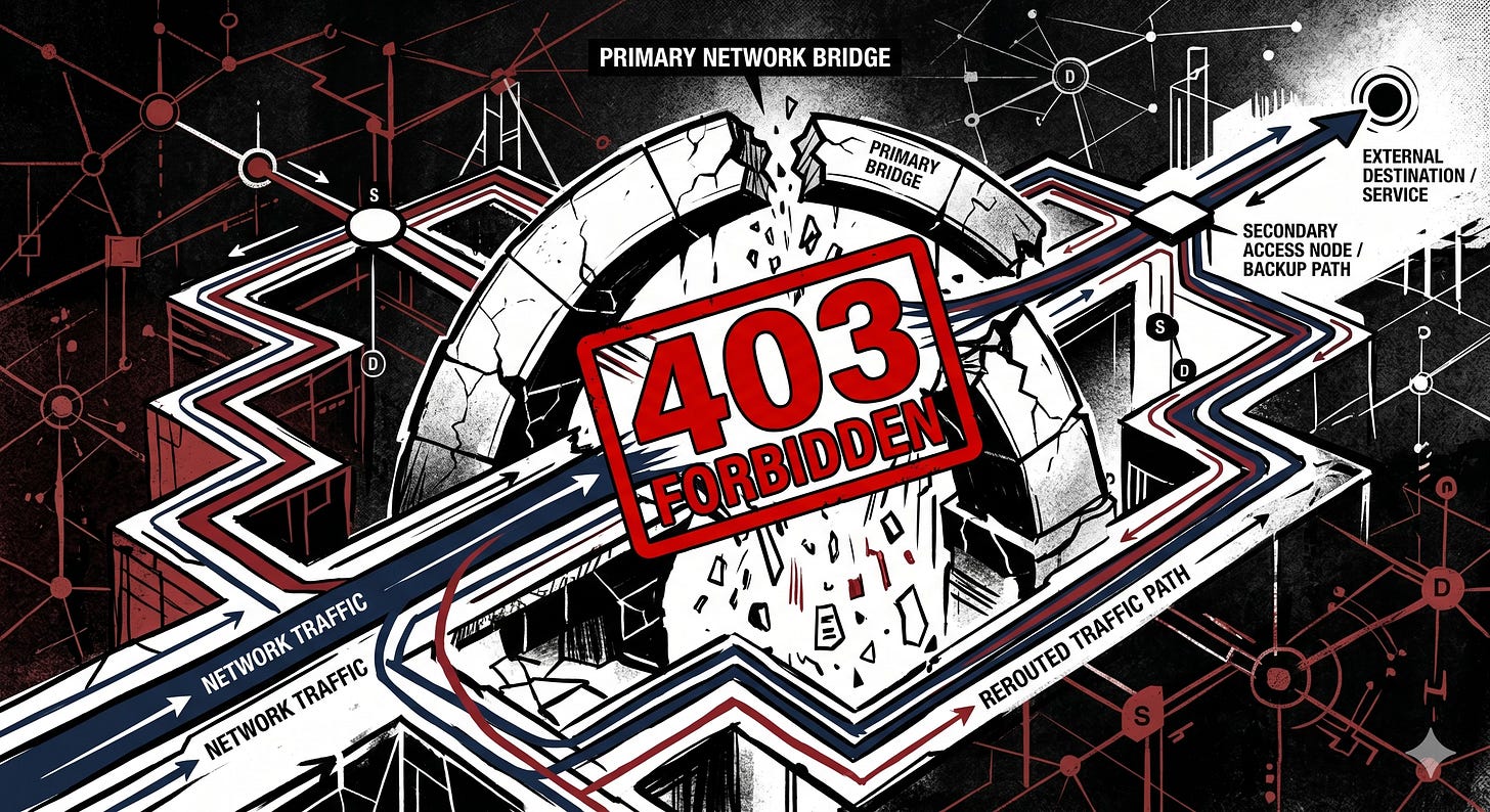 "High-contrast illustration of network traffic rerouting around a collapsed primary network bridge stamped with a red 403 Forbidden seal."