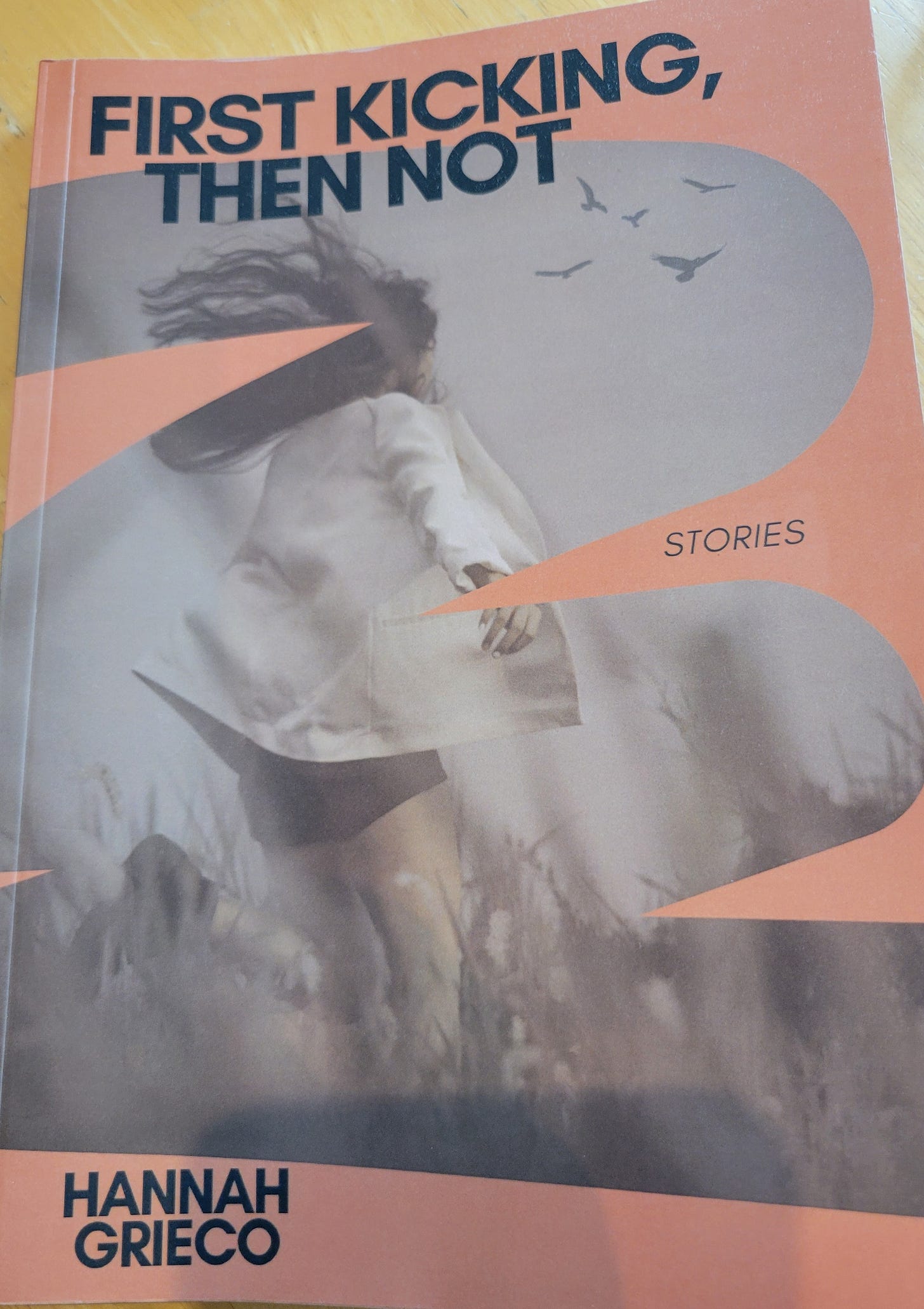 Hannah Grieco’s “First Kicking, Then Not”  orange cover with girl running in grass in gray