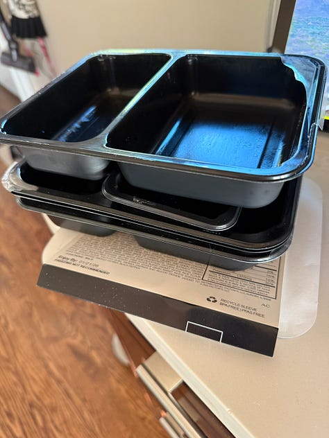 Three photos depicting a box full of plastic-covered packaging with plastic ice packs, as well as a stack of plastic food containers with plastic lids. You get the plastic picture.