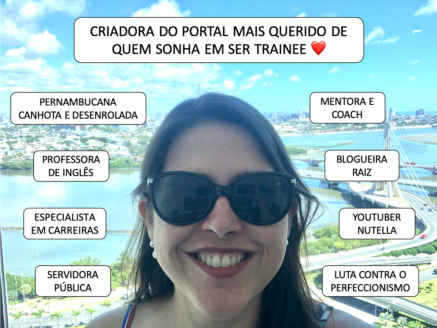 Foto de Cíntia com óculos escuros e vista do Rio Capibaribe, ponte estaiada e Recife antigo por trás. Diversas frases em destaque a descrevem, em torno de seu rosto.