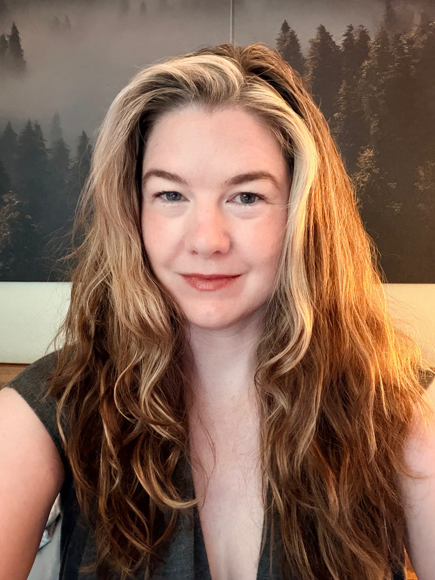 A white woman with long brown, highlighted, hair looks into the camera in front of a misty forest scape wall art A white woman with long brown, highlighted, hair looks into the camera in front of a misty forest scape wall art