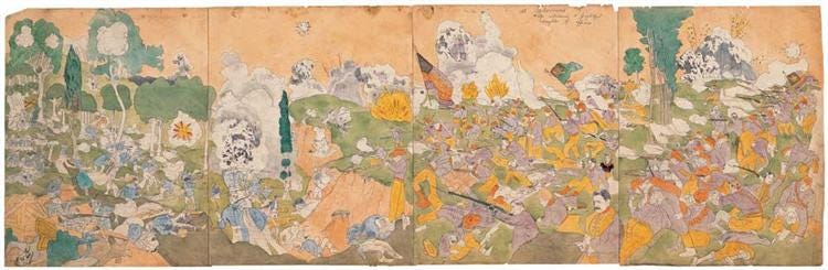 Reprodução digital de uma pintura do artista Henry Darger. É uma pintura com muitos elementos: o cenário é algo como um bosque, com cores amareladas e verdes. Muitas coisas estão acontecendo: figuras que parecem soldados parecem estar em guerra do lado direito. Vemos ilustrações de soldados aparentemente caídos do lado esquerdo. Parece uma cena de guerra mas com ar bucólico e idílico. Reprodução digital de uma pintura do artista Henry Darger. É uma pintura com muitos elementos: o cenário é algo como um bosque, com cores amareladas e verdes. Muitas coisas estão acontecendo: figuras que parecem soldados parecem estar em guerra do lado direito. Vemos ilustrações de soldados aparentemente caídos do lado esquerdo. Parece uma cena de guerra mas com ar bucólico e idílico.
