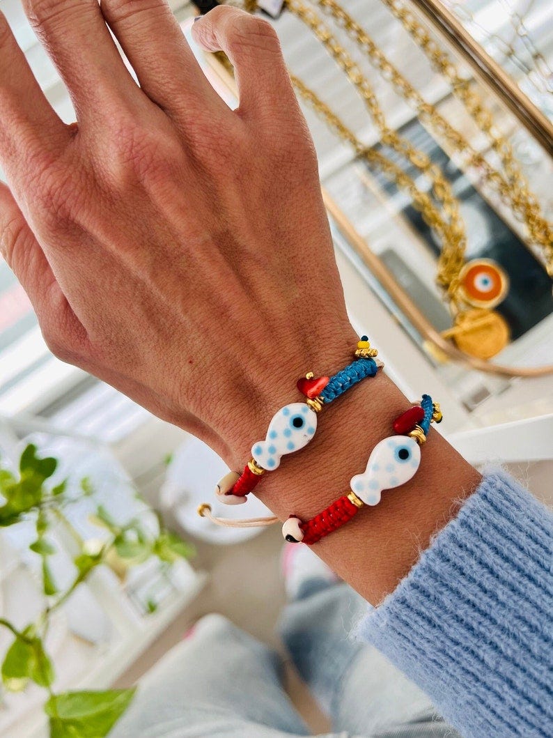 Summer bracelet with fish,, eye bracelets, ,fish bracelet,birthday gift, boho summer bracelet,gift for her,lucky bracelet,bachelorette gift image 1