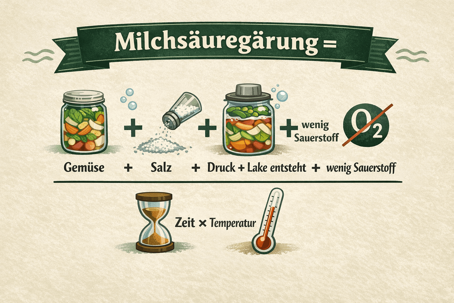 Illustrative Grafik zur Milchsäuregärung: Gemüse im Glas plus Salz, Druck und entstehende Lake bei wenig Sauerstoff führen – über Zeit und Temperatur – zur Fermentation; dargestellt mit Symbolen für Glas, Salzstreuer, Gewicht, Sauerstoffausschluss, Sanduhr und Thermometer.