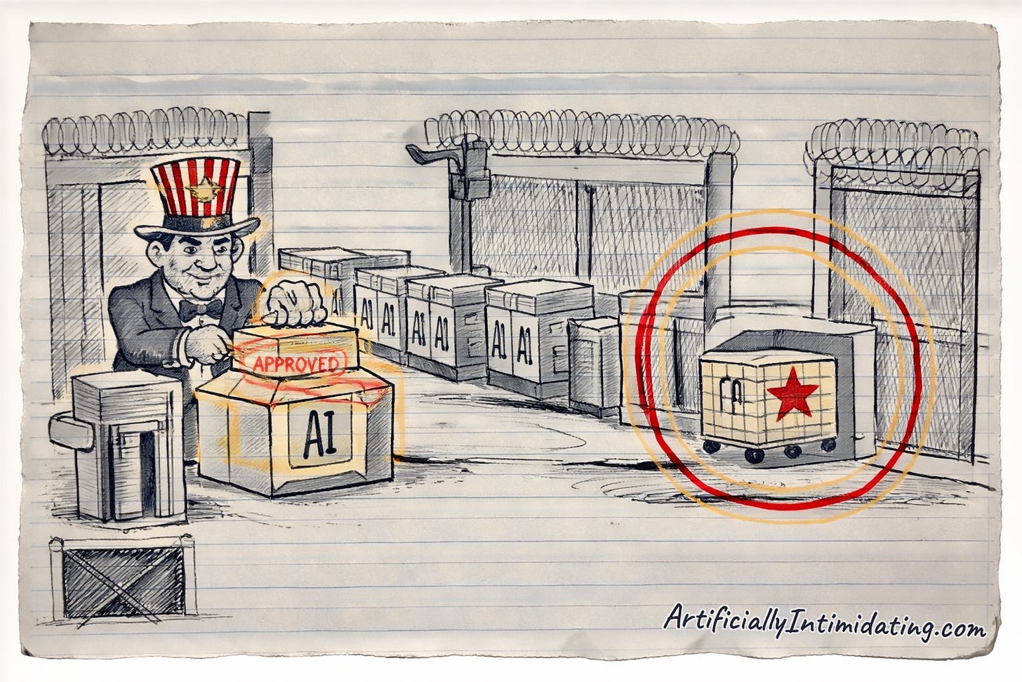 Cartoon: Uncle Sam stamps APPROVED on US AI boxes at a checkpoint while a red-star crate rolls through an open gap in the fence.