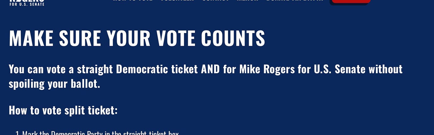 Rogers for Senate website page telling voters to mark the straight Democratic ticket and then vote for Mike Rogers Rogers for Senate website page telling voters to mark the straight Democratic ticket and then vote for Mike Rogers