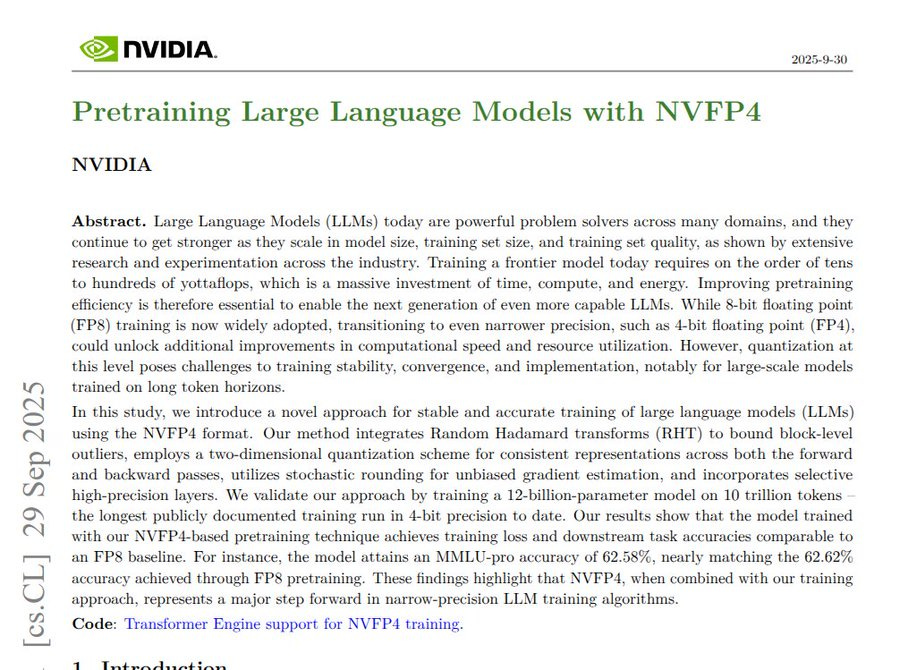 NVIDIA logo at the top left corner. Text reading "Pretraining Large Language Models with NVFP4" centered on the page. Date "2025-09-30" and page number "25" at the top right corner.