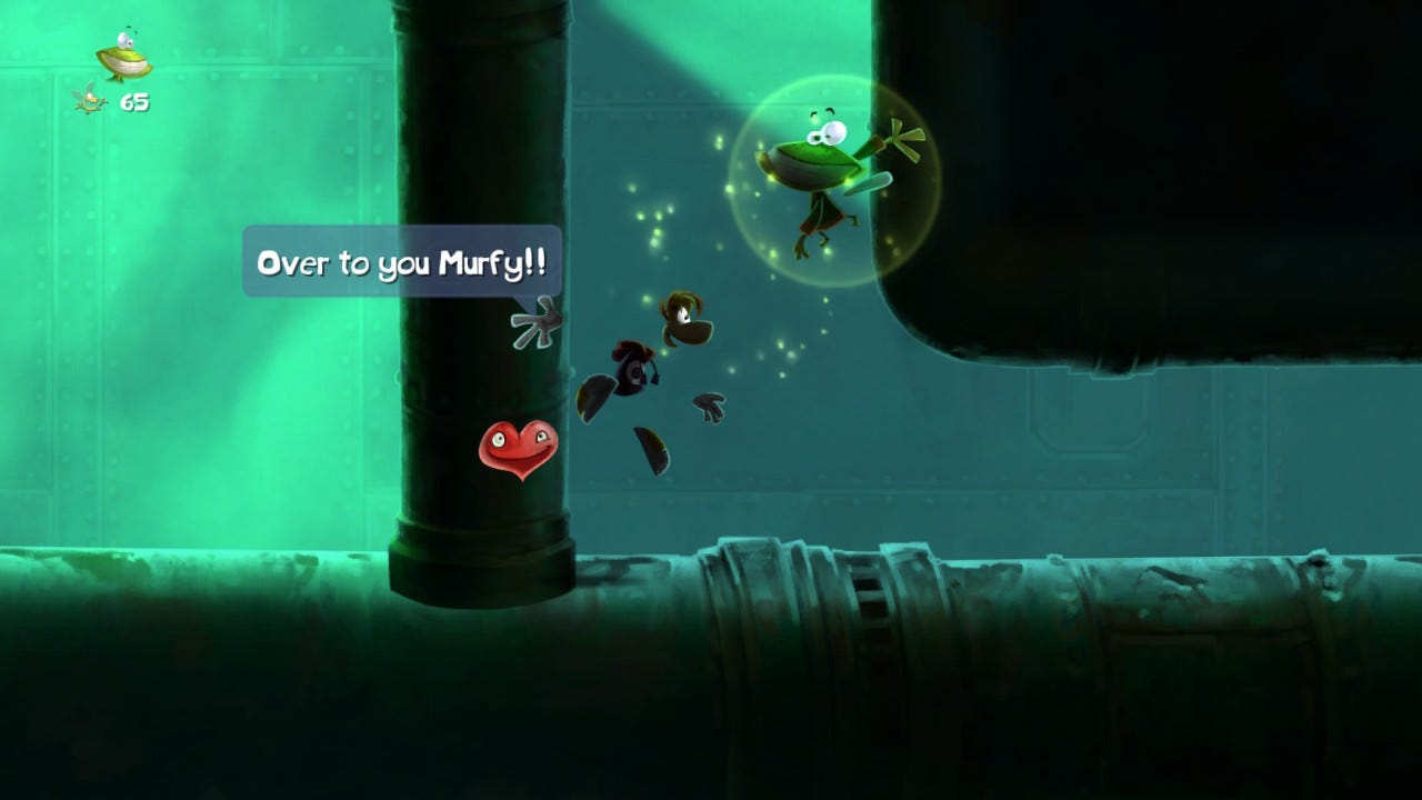 Rayman prepares to high five Murfy as he says, "Over to you Murfy!!"