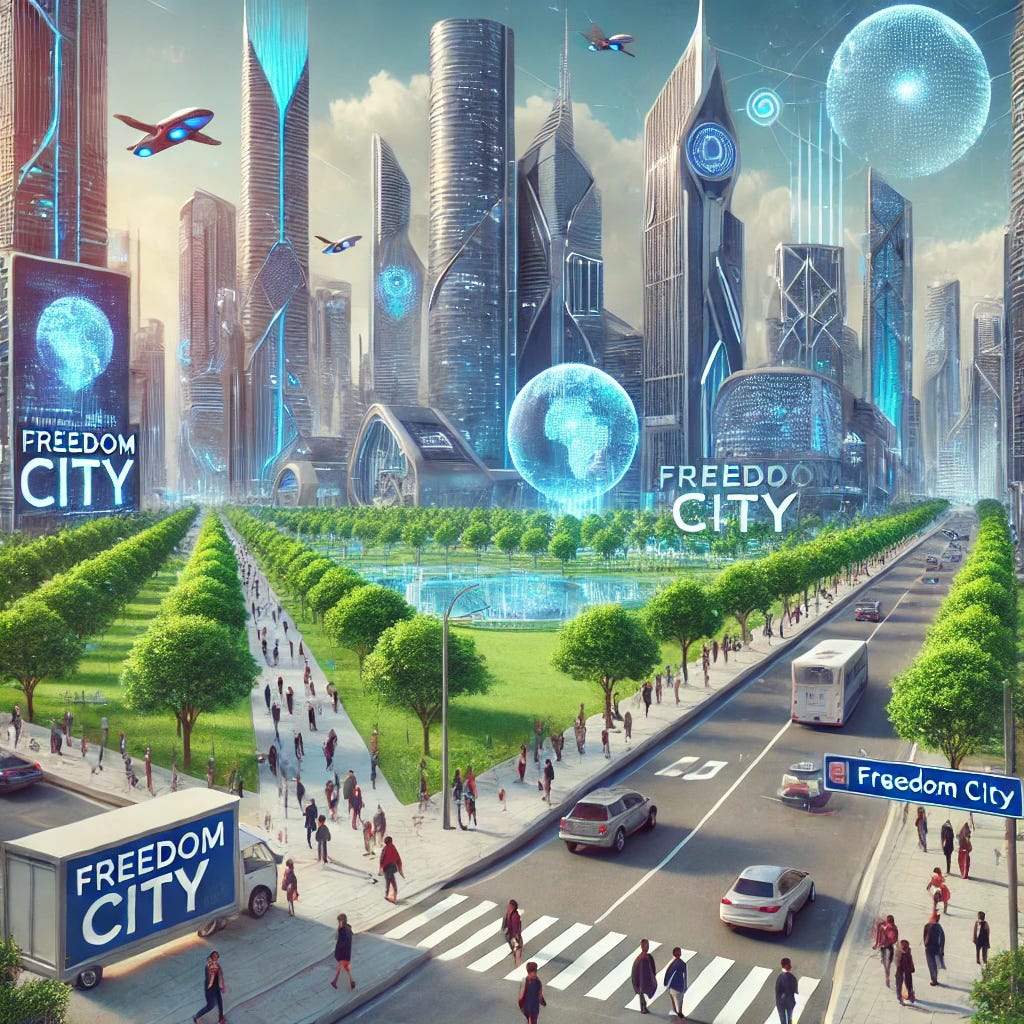 A futuristic utopian city, labeled as a 'Freedom City,' with sleek skyscrapers, AI-driven transportation, lush green parks, and a clean, high-tech environment. People walk freely, interacting with smart technology, enjoying the benefits of innovation and economic prosperity. The city is powered by renewable energy, with modern infrastructure and a sense of progress and optimism.