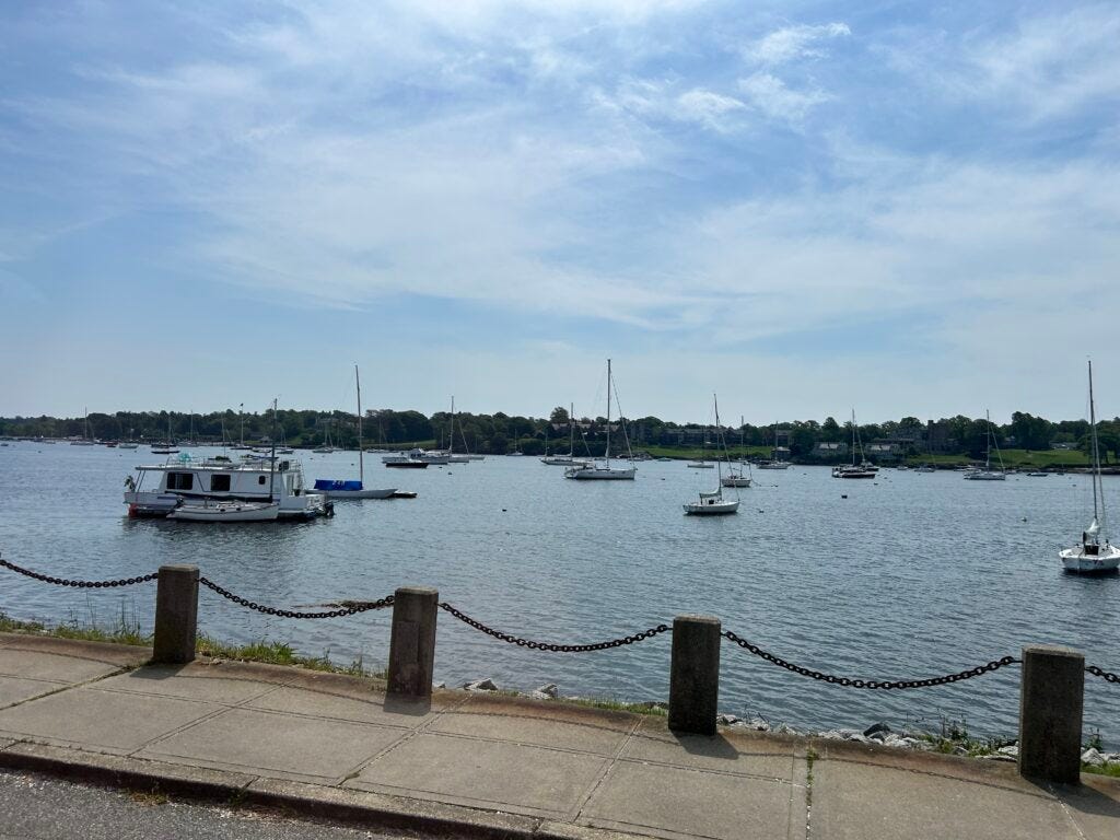 ships, harbor, fence, sidewalk, water, sky, clouds
