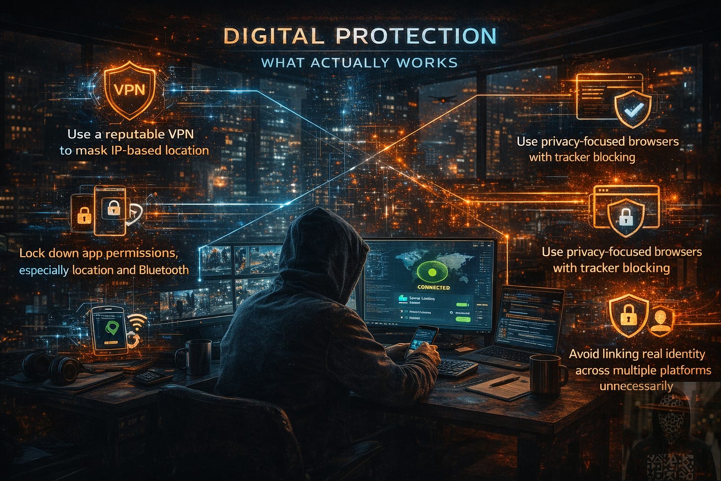 Cinematic, ultra-realistic image showing a person in a dimly lit workspace using multiple digital devices while holographic security icons surround them. Visual overlays represent privacy protections such as VPN shielding, encrypted messaging, restricted app permissions, tracker-blocking browsers, and separated digital identities, illustrating practical steps individuals can take to reduce exposure during escalating digital surveillance.