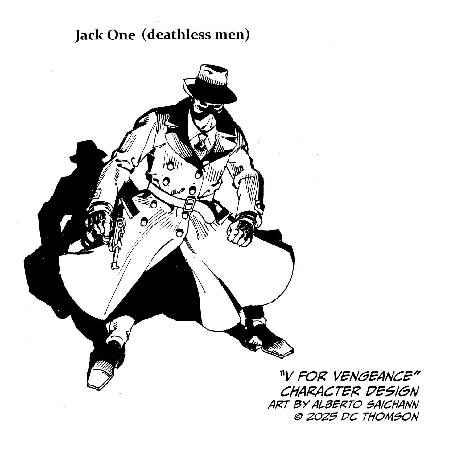 V for Vengeance character design by Alberto Saichann for a new strip on its way to Commando later this year, written by Dominic Teague