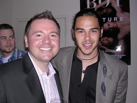 Matthew Rettenmund with Jonathon Trent & Derek Magyar, plus Jonathon Trent with Phil Lobel & Q. Allan Brocka, at the private Tribeca party in 2006 (Images by Matthew Rettenmund)