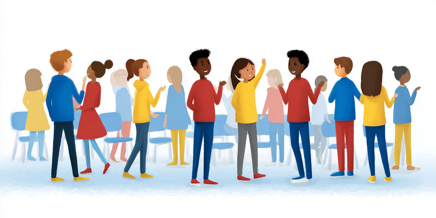 Illustration of a classroom with students standing, walking, and talking in small groups. Students are smiling and engaged in light conversation, with empty chairs behind them, showing a brief movement break used to reset attention before learning continues. Illustration of a classroom with students standing, walking, and talking in small groups. Students are smiling and engaged in light conversation, with empty chairs behind them, showing a brief movement break used to reset attention before learning continues.