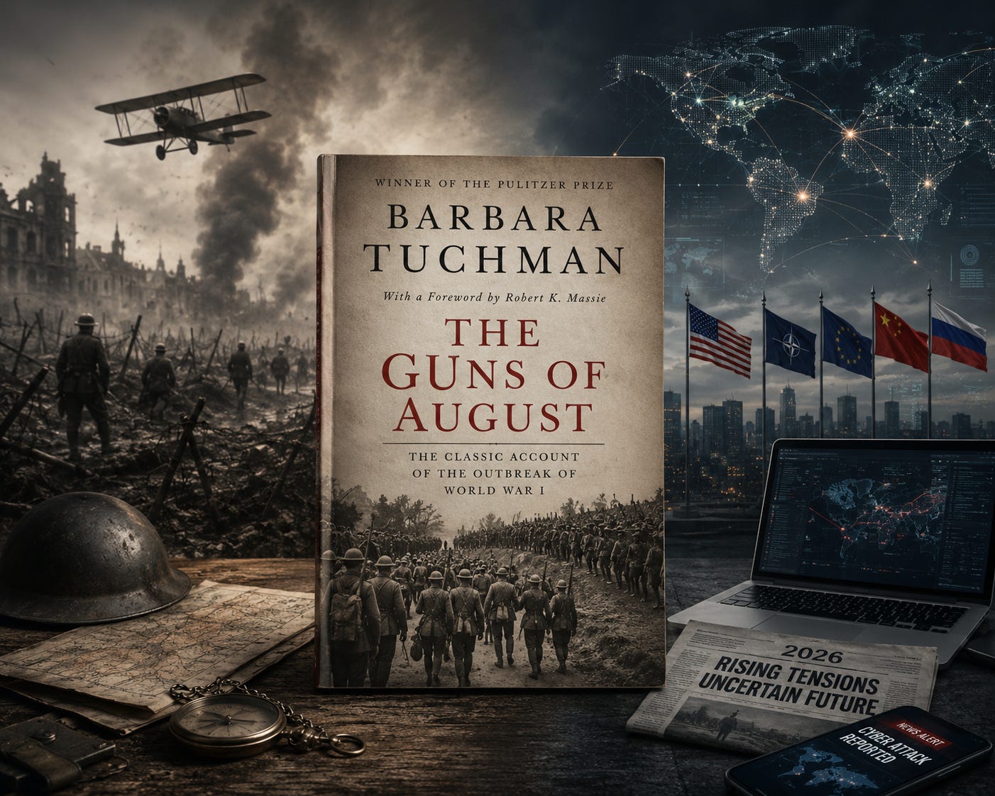 A copy of Barbara Tuchman’s The Guns of August stands between two eras: a devastated First World War battlefield on the left and a digitally connected 2026 world of military alliances, geopolitical tension, and cyber conflict on the right.
