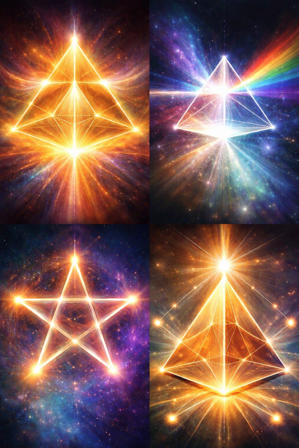 A colorful mosaic of sacred geometry symbols, including a triangular pyramid, a prism-like triangle with refracted light rays, and a five-pointed star (pentagram), arranged in a clean geometric layout to suggest energy flow, refraction, and transmission.