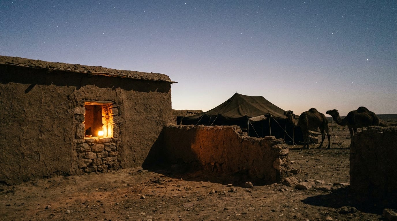 A low stone house at the edge of a dry southern town at night, one lamp in a window, a tent and tethered camels beyond the wall, no people, no faces, no text A low stone house at the edge of a dry southern town at night, one lamp in a window, a tent and tethered camels beyond the wall, no people, no faces, no text