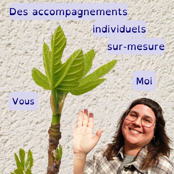 Photo-montage de moi à côté d’une jeune pousse de figuier dont les feuilles printanières vert clair se déploient. Mon buste est à la même échelle que la jeune pousse. J’ai un grand sourire et lève ma main vers la pousse. Texte en bleu foncé sur fond mauve clair: des accompagnements individuels sur mesure. De mon côté de l’image le texte: moi, du côté de la pousse: vous.