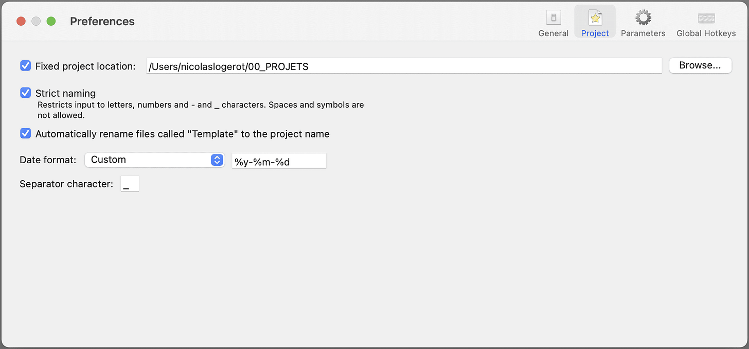 Préférences de projet dans l'application Post Haste