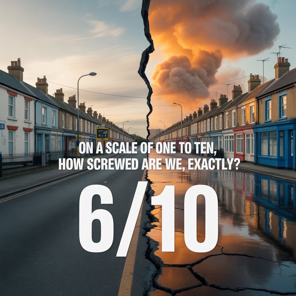 A divided British street split by a fault line — one side grey and ordinary, the other amber-lit and breaking apart — with the text "On A Scale Of One To Ten, How Screwed Are We, Exactly?" and the score 6/10 centred across the divide. A divided British street split by a fault line — one side grey and ordinary, the other amber-lit and breaking apart — with the text "On A Scale Of One To Ten, How Screwed Are We, Exactly?" and the score 6/10 centred across the divide.