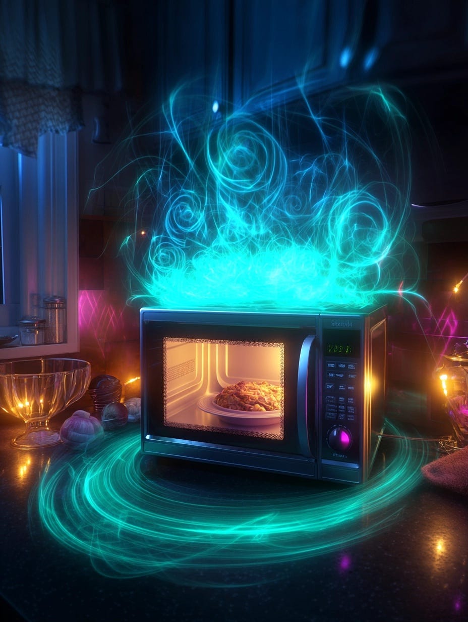 Microwave emitting magical energetic swirls during spell casting