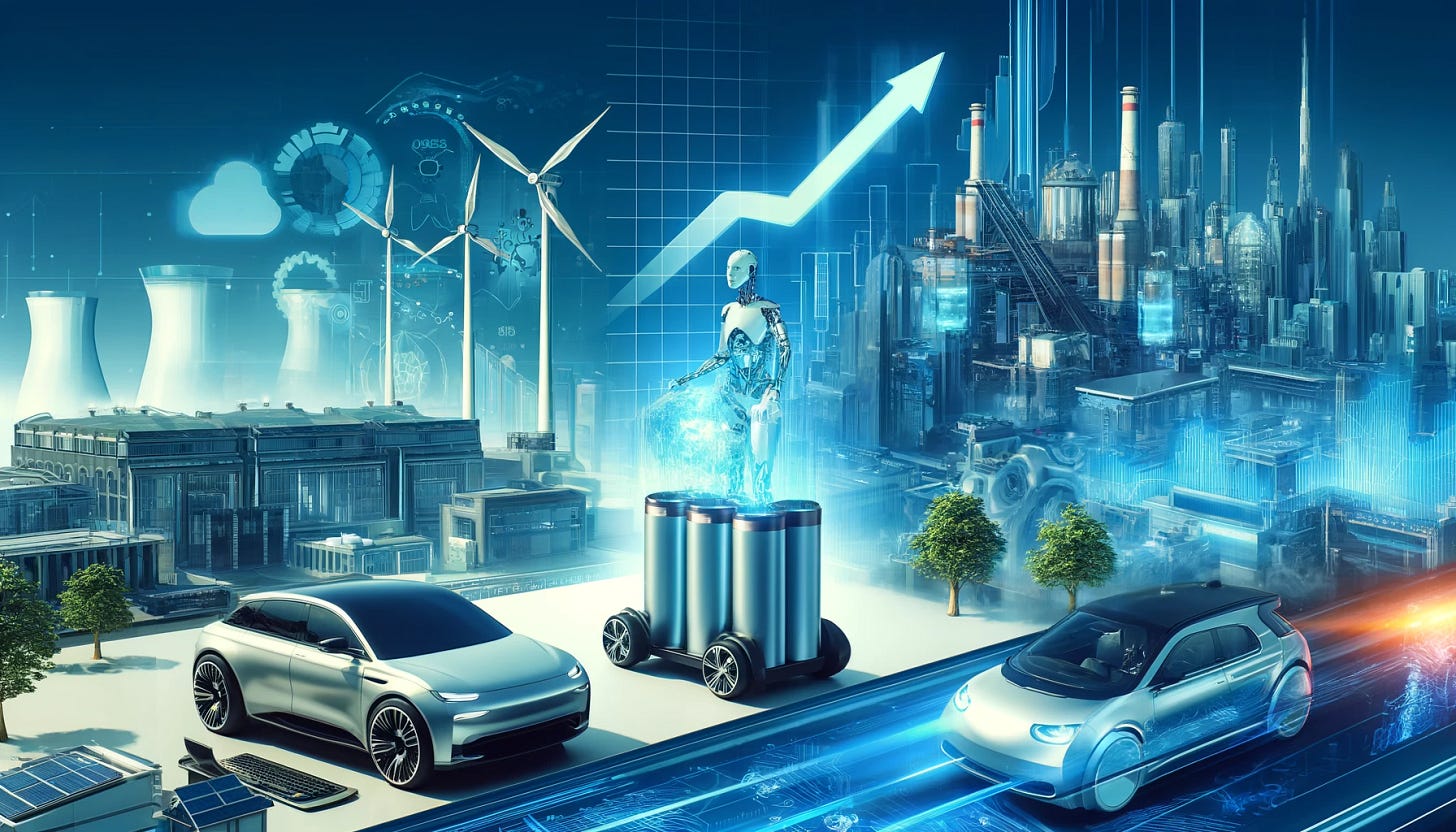 A high-tech investment scene featuring futuristic battery technology, self-driving electric vehicles, and AI-powered smart factories. The image should convey innovation, financial growth, and emerging technology trends in a visually engaging way. Include digital financial charts, a modern cityscape, and a sense of urgency for investors.
