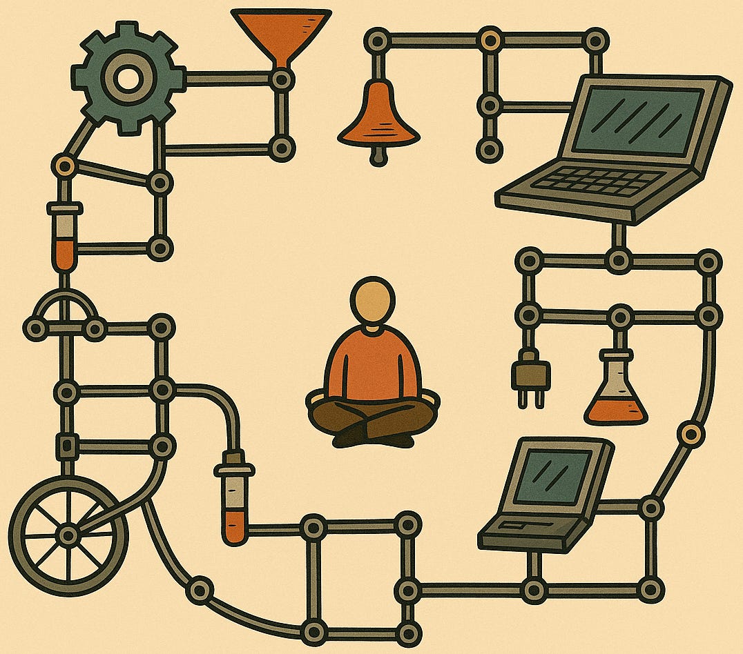 a Rube Goldberg system with a faceless human stuck in the middle