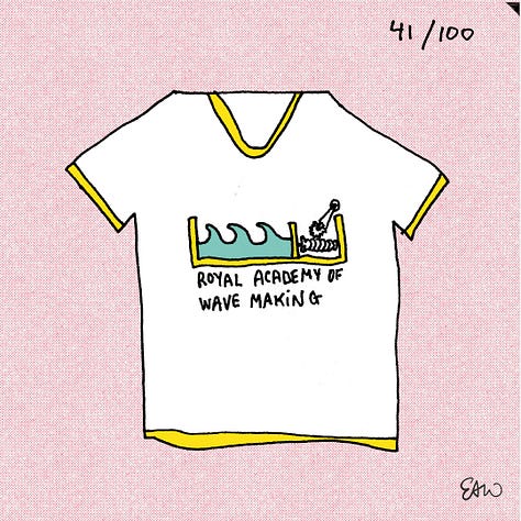 Thumbnail sktches of t-shirt concepts coloured in a limited palette