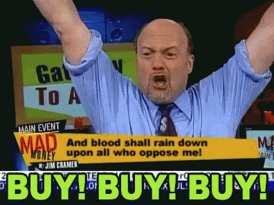 a man in a blue shirt and tie is screaming in front of a sign that says mad money