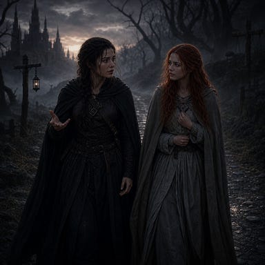 Clarion and Ireena walking along a misty Barovian road at dusk, speaking quietly; Ireena with vivid red hair catching the dim light; Clarion calm and steady beside her; twisted trees and drifting fog; somber Barovian Gothic atmosphere; original faces with no resemblance to real people