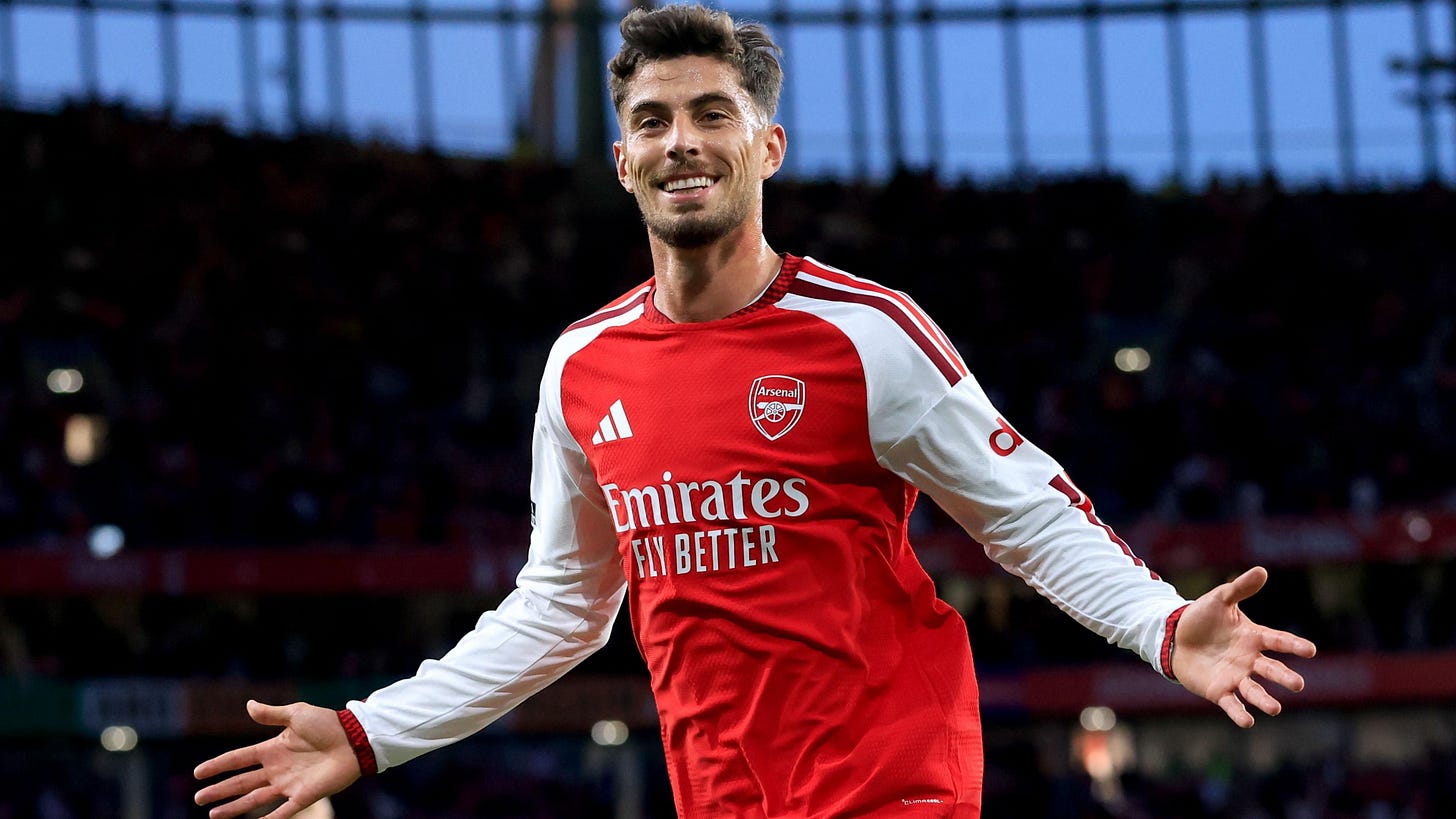 Kai Havertz of Arsenal celebrates scoring the opening goal during the Premier League 2026/27 match between Arsenal FC and Coventry City at Emirates Stadium Kai Havertz of Arsenal celebrates scoring the opening goal during the Premier League 2026/27 match between Arsenal FC and Coventry City at Emirates Stadium