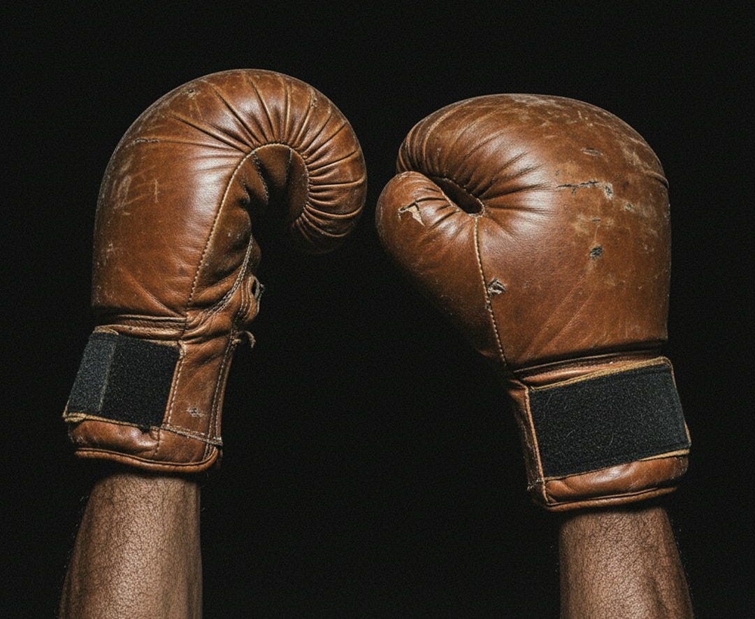 Two brown leather boxing gloves held up