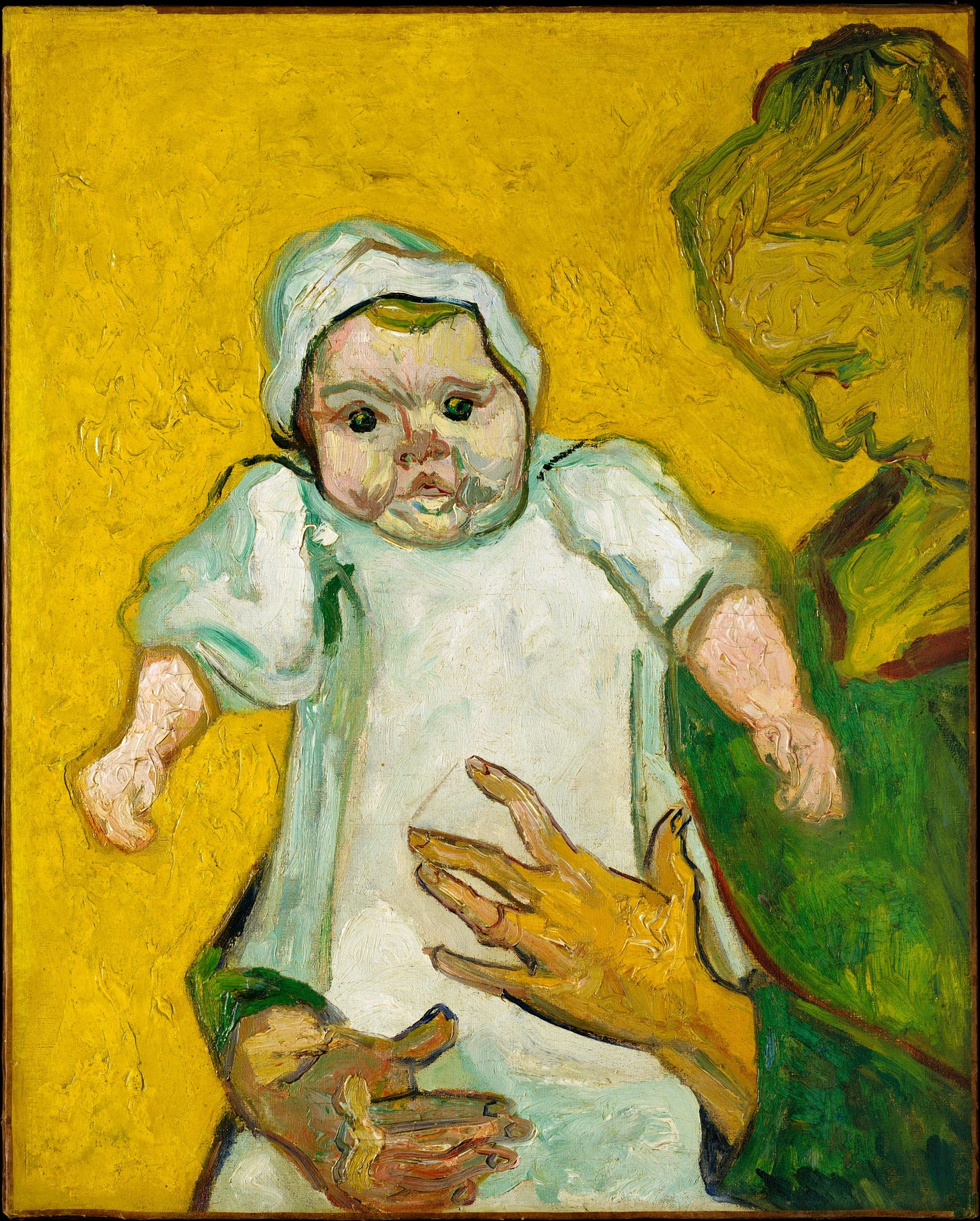 19th Century oil painting of a woman holding a baby. The background is a mustard yellow and the woman wears a green dress and her hair is tied back. She is in profile and only the side of her face is visible. The baby is newborn and wearing a white onesie and white bonnet. The baby looks blankly directly at the viewer.