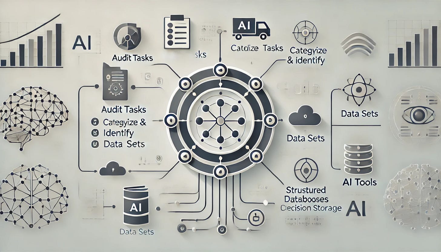 A sleek, minimalist illustration of an AI workflow methodology structured as a circular process or layered framework. The design features five interconnected steps: 'Audit Tasks' (checklist or workflow chart), 'Categorize & Identify' (folders or flow connections), 'Data Sets' (structured databases or cloud storage), 'Prioritization' (ranking or decision tree), and 'AI Tools' (ChatGPT, DALL·E, automation icons). The composition is clean and modern, with neutral tones, simple icons, and a soft gradient background, emphasizing an organized, methodical approach over technology obsession.