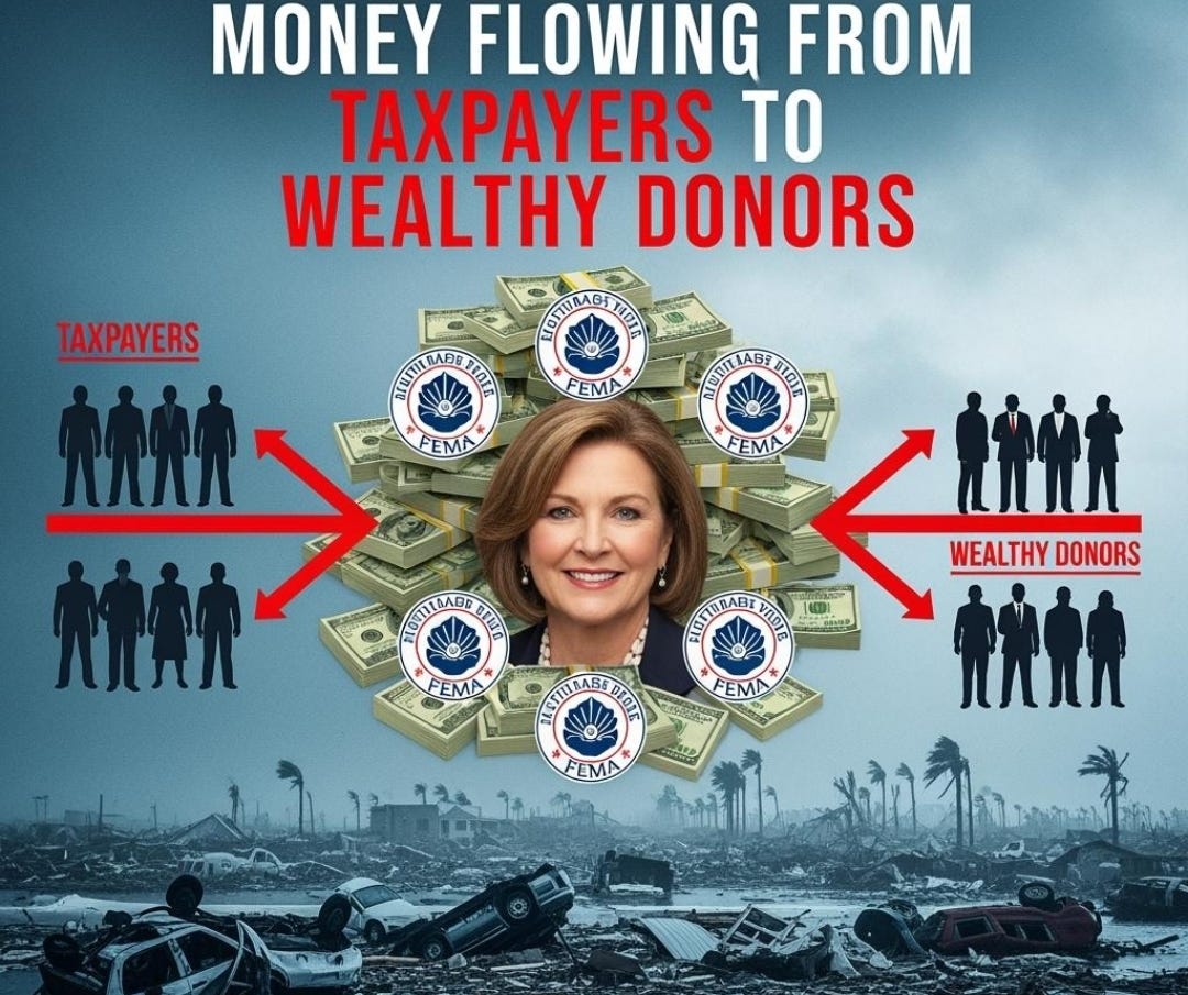A digital political exposé graphic showing Kristi Noem’s face blended with stacks of cash and FEMA logos, storm destruction in the background, and bold red arrows illustrating money flowing from taxpayers to wealthy donors.” A digital political exposé graphic showing Kristi Noem’s face blended with stacks of cash and FEMA logos, storm destruction in the background, and bold red arrows illustrating money flowing from taxpayers to wealthy donors.”