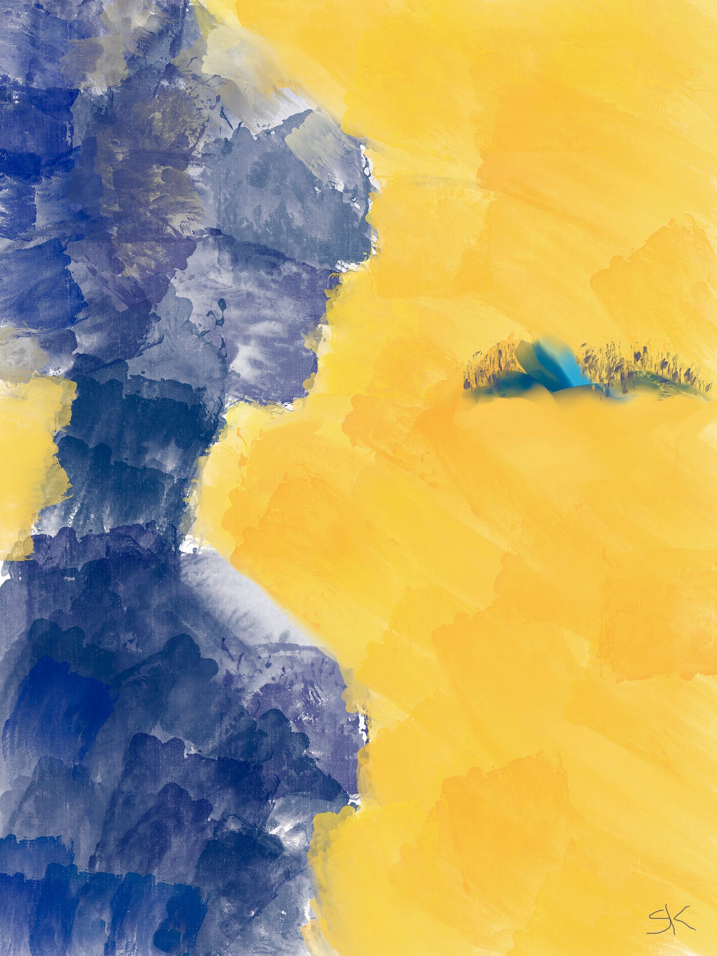 Abstract digital painting by Sherry Killam Arts featuring a woman in blue gazing across a vast yellow desert to a blurry blue setting suggesting a ruins. Abstract digital painting by Sherry Killam Arts featuring a woman in blue gazing across a vast yellow desert to a blurry blue setting suggesting a ruins.