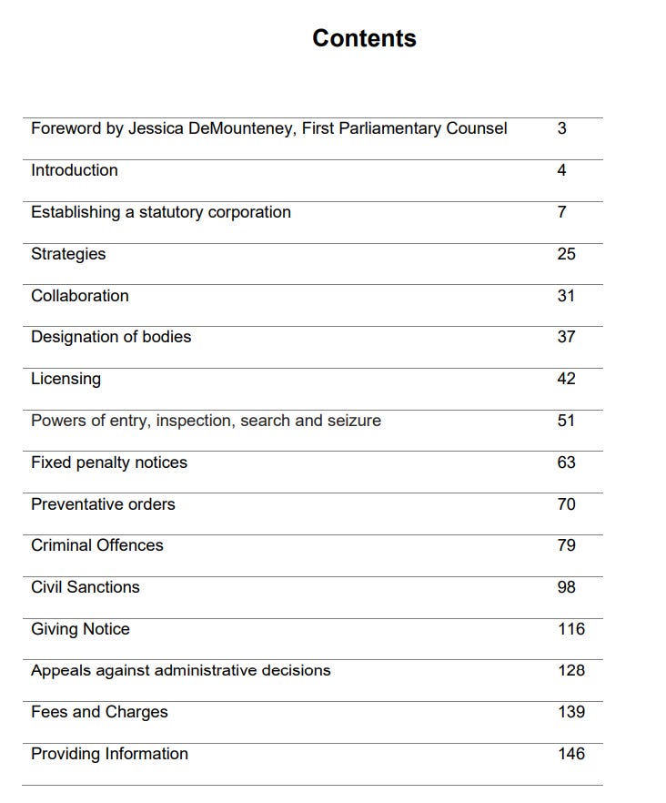 Contents Foreword by Jessica DeMounteney, First Parliamentary Counsel Introduction Establishing a statutory corporation Strategies Collaboration Designation of bodies Licensing Powers of entry, inspection, search and seizure Fixed penalty notices Preventative orders Criminal Offences Civil Sanctions Giving Notice Appeals against administrative decisions Fees and Charges Providing Information