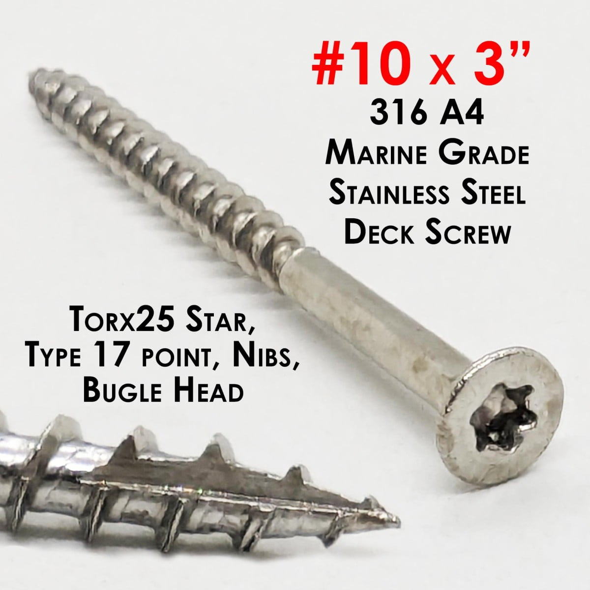 #10 x 3" Marine Grade 316 Stainless Steel Deck Screws Torx STAR Drive ...