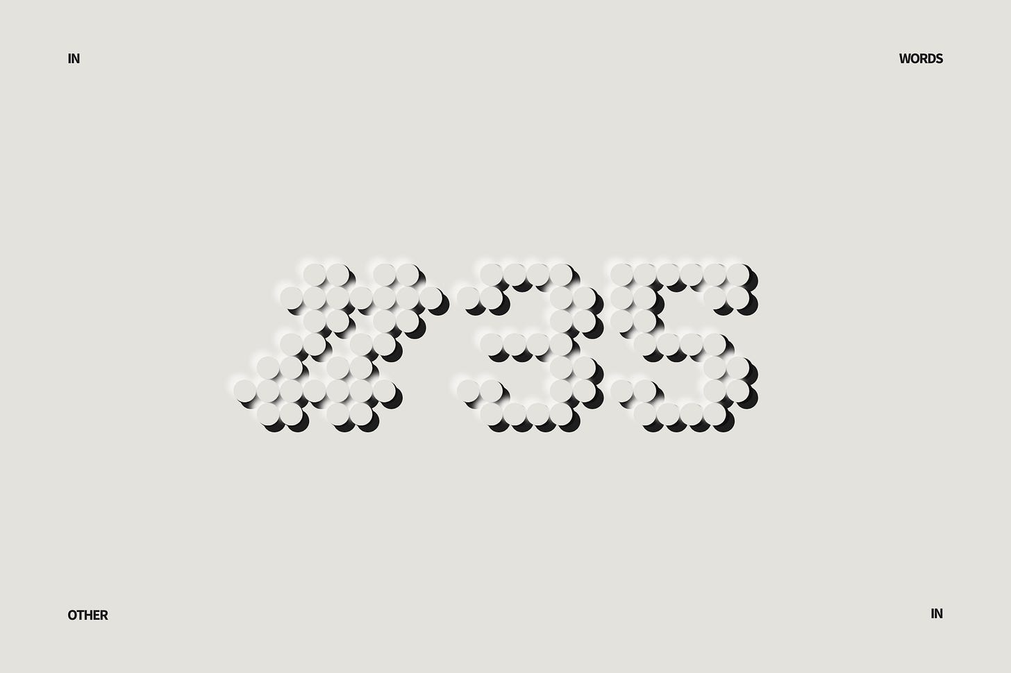 A minimalist, cream-colored digital canvas styled like an embossed museum placard. At the center, the characters #35 are rendered in a pixelated font where each individual pixel is perfectly imitated by a large, raised circular dot. These dots cast soft drop shadows, seamlessly marrying a computational grid layout with the heavy, physical depth of printmaking. The words IN, WORDS, OTHER, and IN are subtly typeset in a clean sans-serif font in the extreme corners of the frame. Part of the In Other Words series at The Subtext Review.