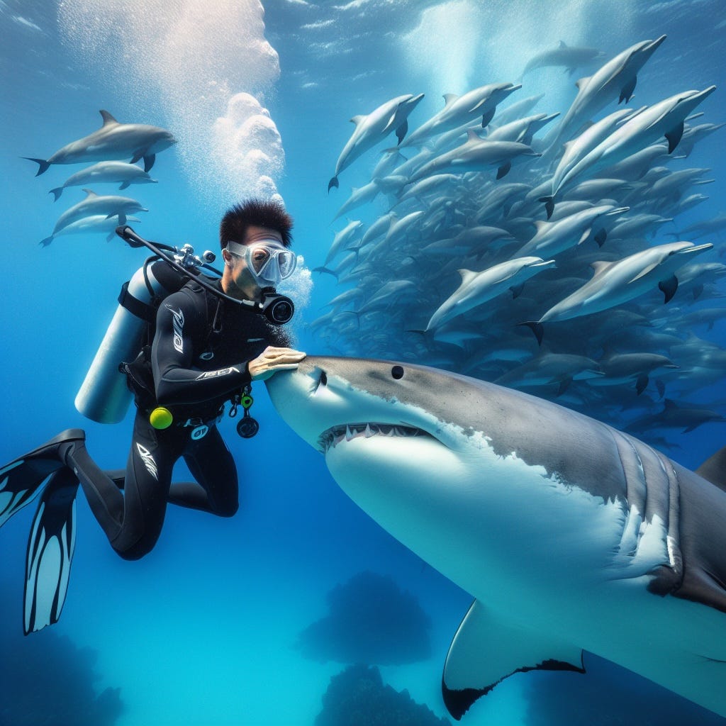A person in scuba gear and scuba gear touching a shark

Description automatically generated