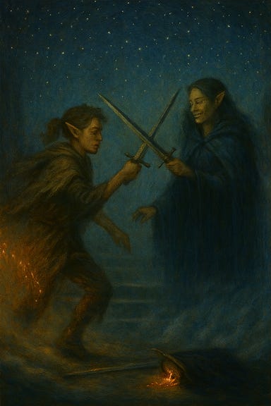 A surreal fantasy image of Silverleaf's dream. Silverleaf, resembling Tatyana Maslany but with elven features—slender build, pointed ears, luminous eyes—limps into a swirling mist, one hand trailing faint magical sparks. The mist parts to reveal an amphitheater of stars: a vast, cosmic space with celestial constellations forming the walls and floor. At the center floats a sword suspended midair, glowing faintly. Opposite Silverleaf stands a woman cloaked in twilight—calm, whole, older—who is clearly a future version of Silverleaf. They do not speak. The two figures clash blades once, twice, in a silent duel. The older Silverleaf smiles gently and vanishes into starlight. The atmosphere is ethereal and dreamlike, with soft lighting and cosmic hues of violet, silver, and deep blue.