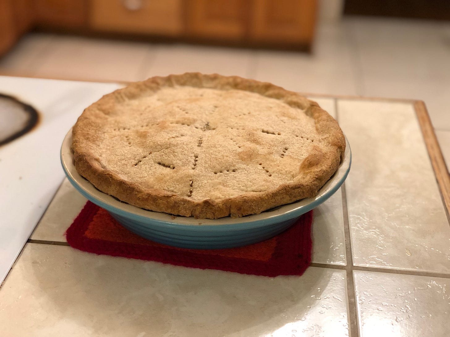 chicken pot pie in blue dish