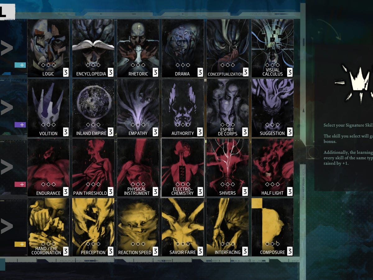 Screenshot of the Disco Elysium Skills menu showing all 24 skills