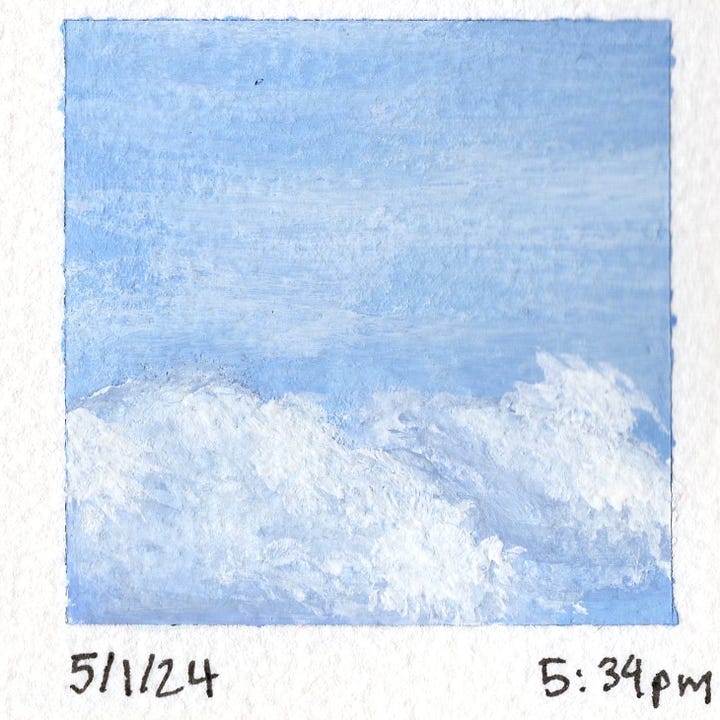 four square paintings of the sky, 1) blanket of gray with wisps of white 2) dark blue sky with puffy white clouds 3) soft pink sunset clouds on a light blue sky 4) mix of big white clouds and wispy ones on a medium blue sky