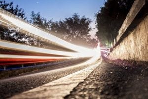 Light streaks along a railroad