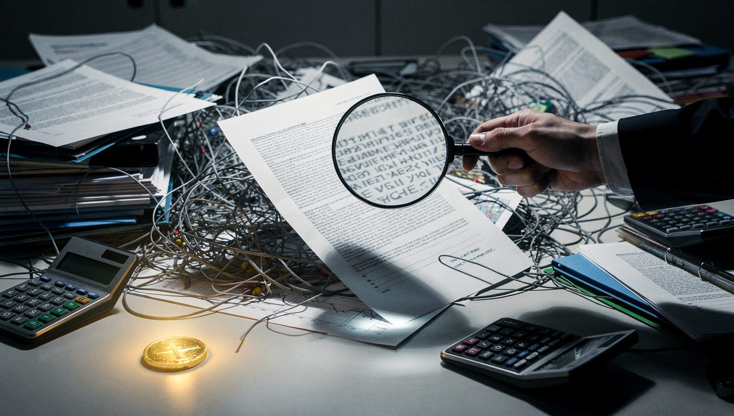 Realistic editorial photography, financial photojournalism style. Office desk covered in a tangled mess of papers, contracts with fine print, complex financial charts full of crisscrossing lines, calculators and disorganized stacked folders. In the center, a hand in a business suit holds a magnifying glass over one of the documents with blurry, illegible text, symbolizing hidden fine print. Harsh cold overhead office lighting, strong shadows, grayish and bluish tones conveying coldness and confusion. Chaotic composition, but with one small, sharp, glowing gold coin in a corner, in focus, contrasting with the overall clutter as a symbol that the real solution is simple but deliberately hidden within the complexity. High resolution realistic photography, no text, no logos, 16:9 horizontal format. Realistic editorial photography, financial photojournalism style. Office desk covered in a tangled mess of papers, contracts with fine print, complex financial charts full of crisscrossing lines, calculators and disorganized stacked folders. In the center, a hand in a business suit holds a magnifying glass over one of the documents with blurry, illegible text, symbolizing hidden fine print. Harsh cold overhead office lighting, strong shadows, grayish and bluish tones conveying coldness and confusion. Chaotic composition, but with one small, sharp, glowing gold coin in a corner, in focus, contrasting with the overall clutter as a symbol that the real solution is simple but deliberately hidden within the complexity. High resolution realistic photography, no text, no logos, 16:9 horizontal format.
